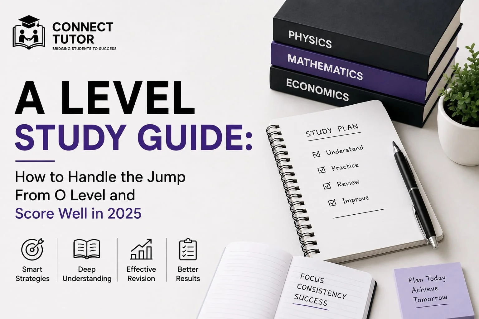 A Level Study Guide cover image showing study planner, textbooks, and revision materials for CAIE A Level students in Pakistan