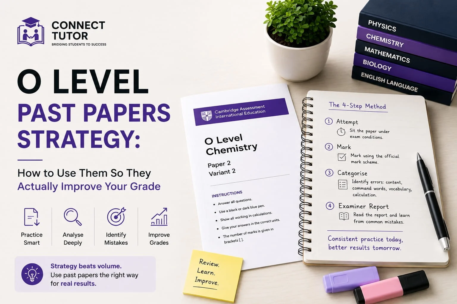 O Level Past Papers Strategy cover image showing CAIE exam paper, study notebook, and revision materials for students in Pakistan