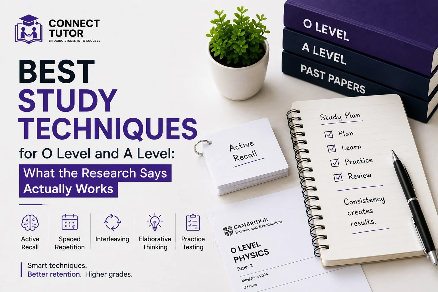 Best Study Techniques for O Level and A Level cover image featuring active recall, spaced repetition, past papers, and a study plan